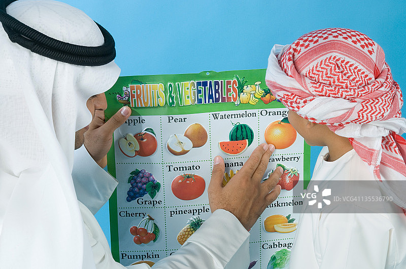 一个阿拉伯男孩正在学习水果的名字图片素材