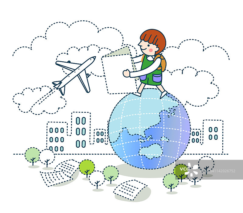 一个女孩站在地球上，飞机在背景中飞行图片素材