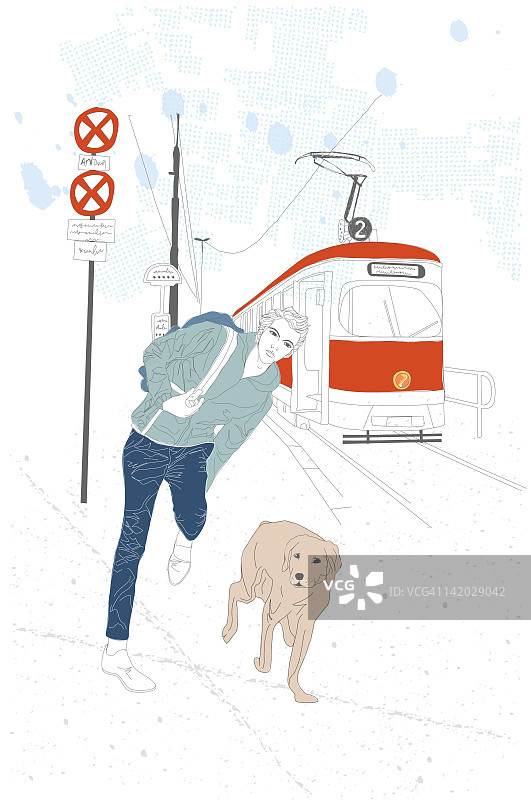 站台上的人和他的宠物的插图图片素材
