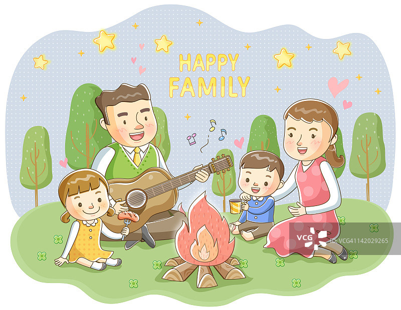 家庭享受篝火的插图图片素材