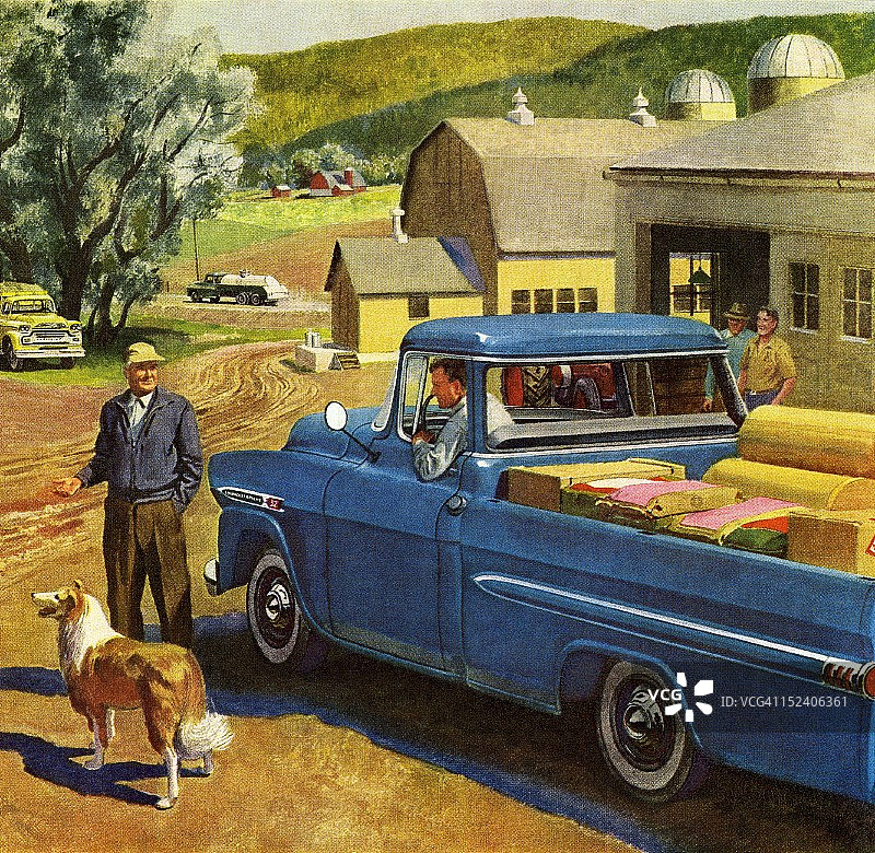 农场场景与蓝色复古卡车图片素材