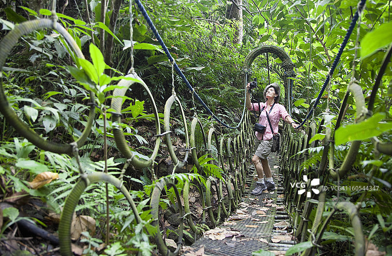 在热带雨林的一座吊桥上的一位老妇人图片素材