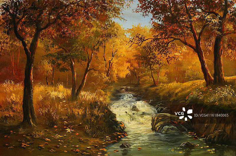 一幅小溪流过秋天风景的画图片素材