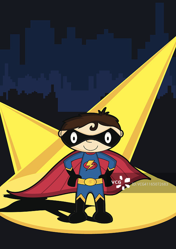 可爱的超级男孩英雄角色在城市场景图片素材