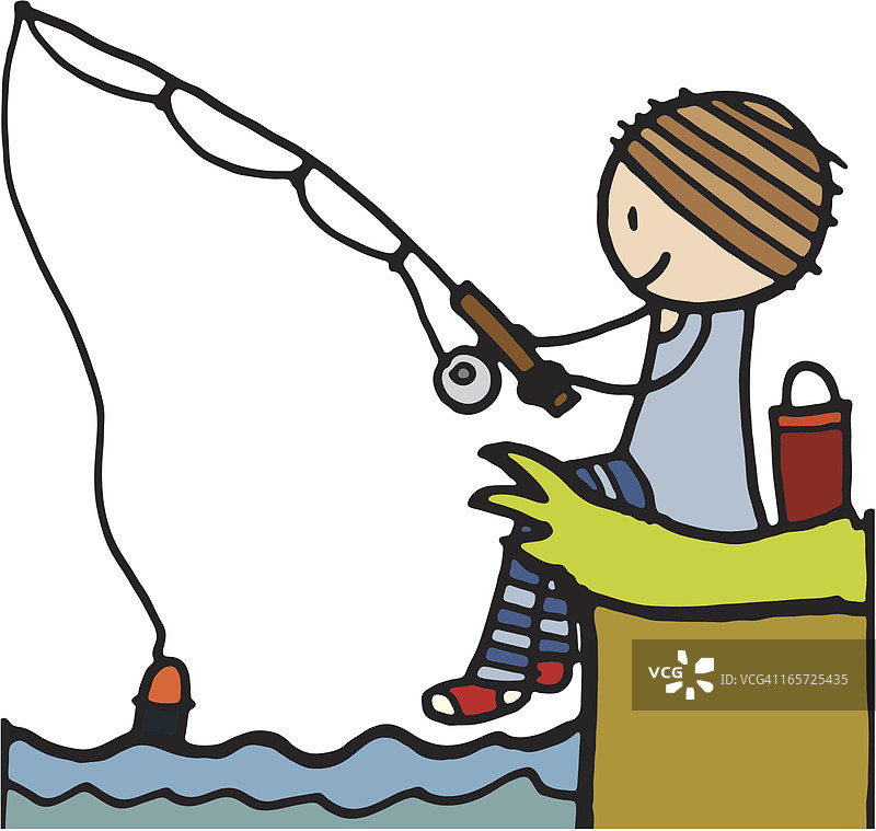 一个男孩在河边钓鱼的插图图片素材