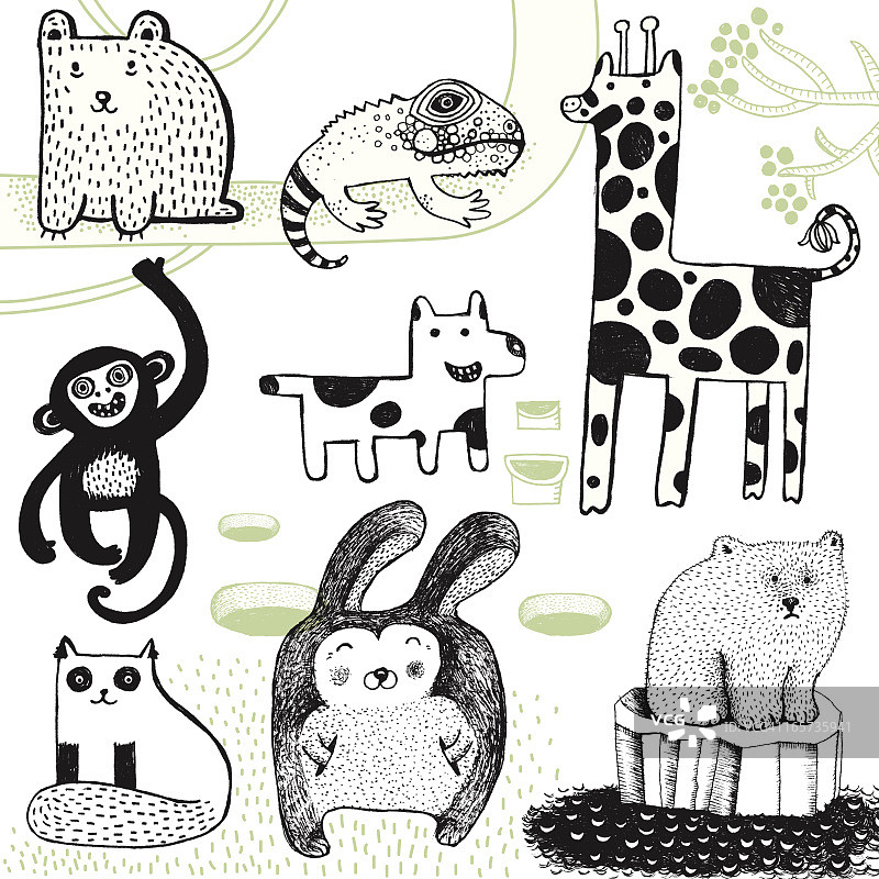 长颈鹿，兔子，北极熊，猴子，狗，熊和变色龙。图片素材