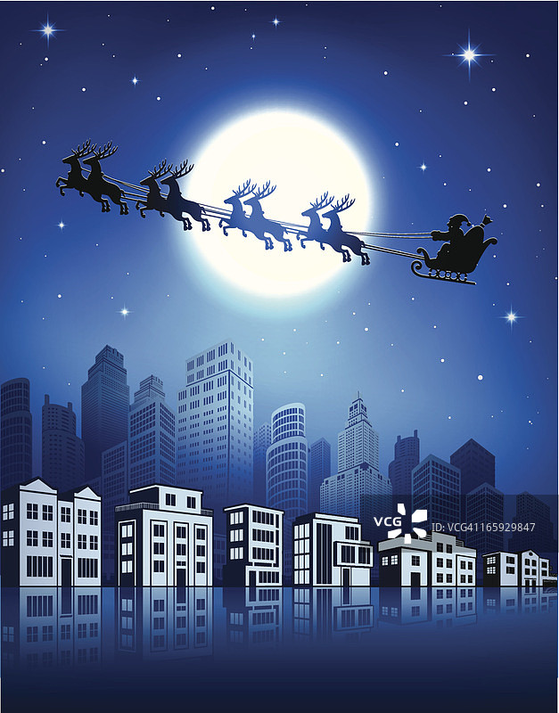 圣诞老人雪橇与城市天际线全景背景图片素材
