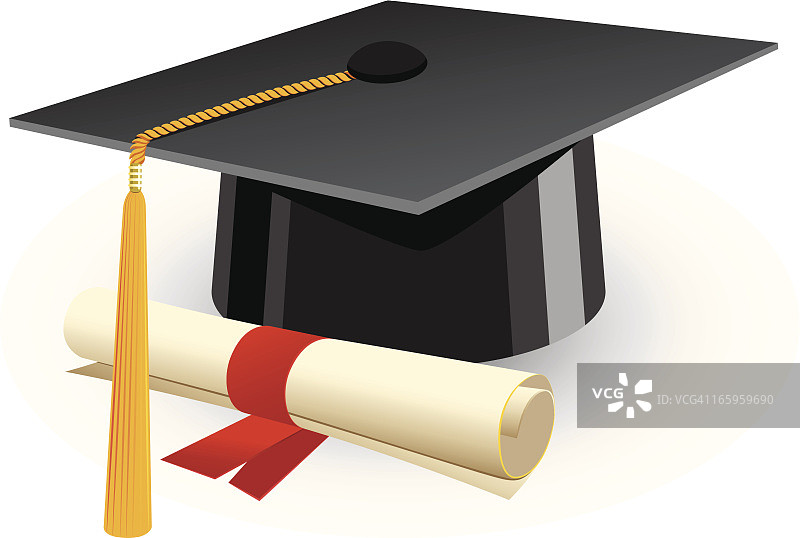 卡通毕业帽和带红丝带的毕业证书图片素材