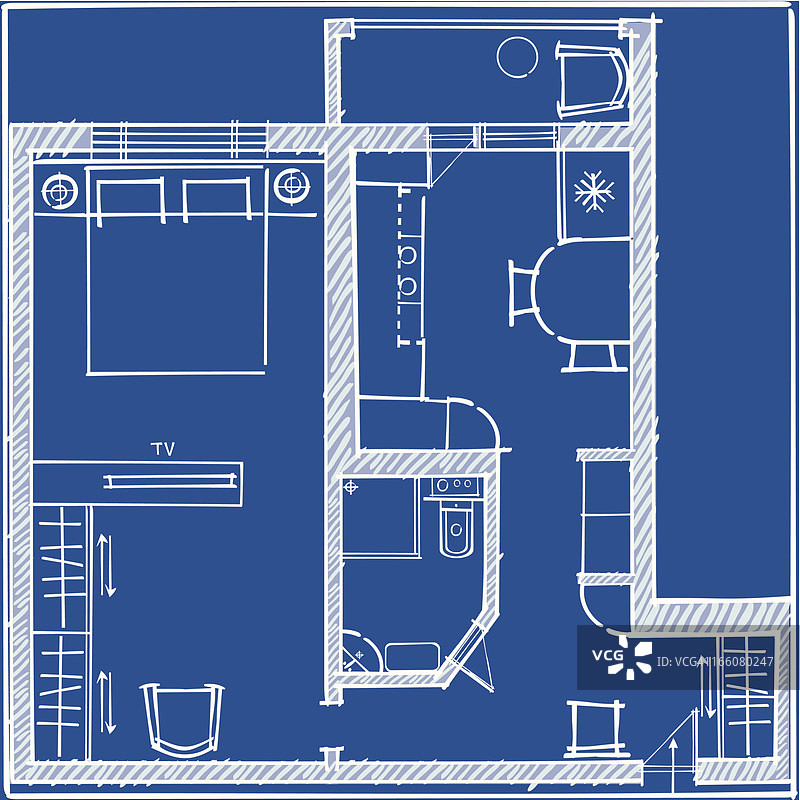 一居室公寓蓝图。前的计划图片素材