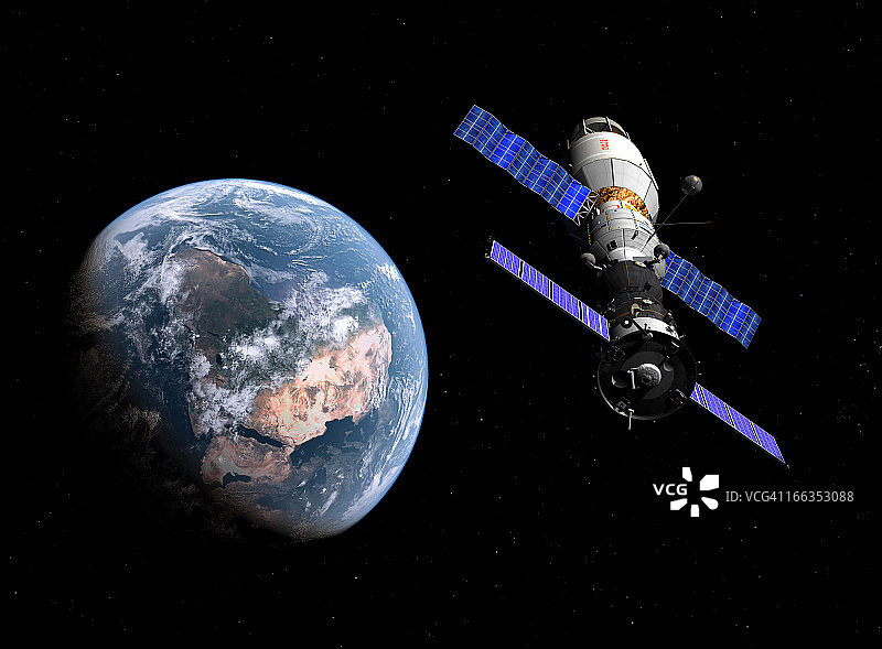 一艘载人联盟TMA-M宇宙飞船与一个延长停留舱对接。图片素材