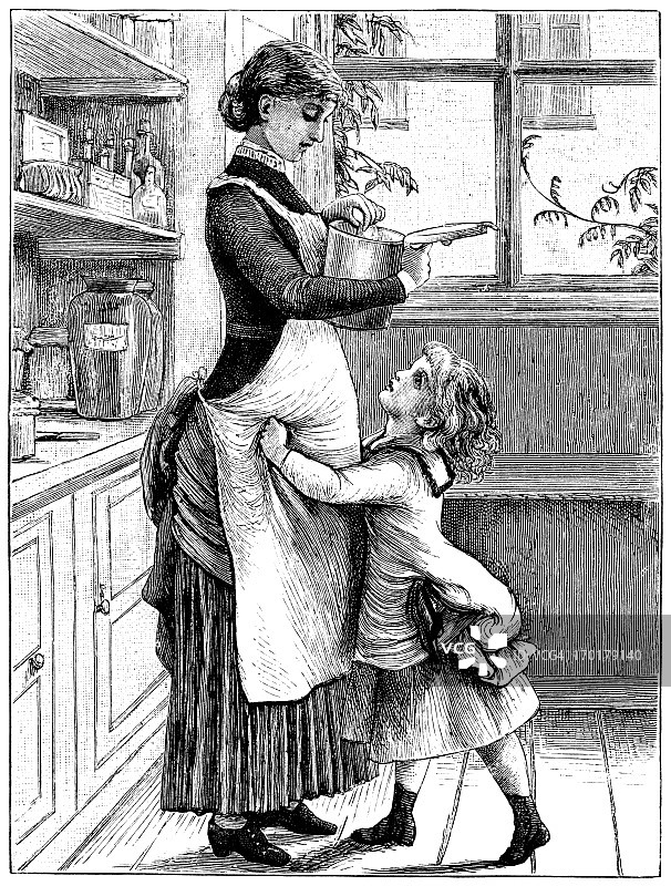 维多利亚时代的小女孩和她妈妈在厨房里图片素材