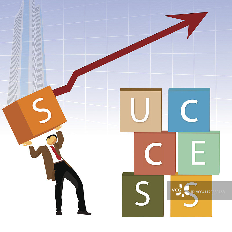 一个商人用方框构建单词“SUCCESS”的图示图片素材
