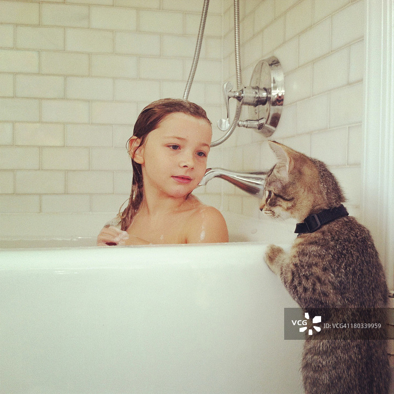 女孩,小猫,浴图片素材