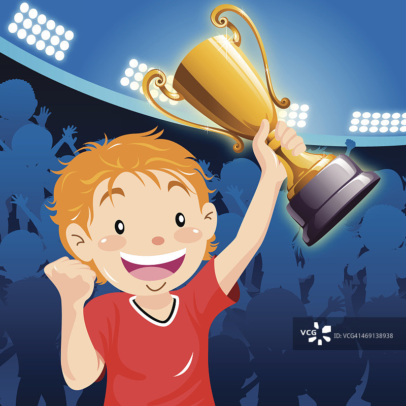 少年冠军在体育场举起奖杯图片素材