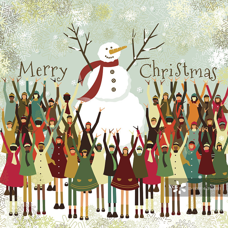 圣诞快乐，孩子们雪人多民族人群图片素材