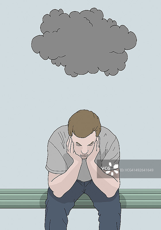 一个男人双手抱头坐在长凳上的插图图片素材