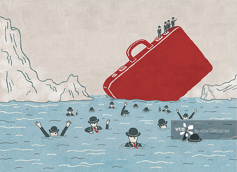 商业人士在海上溺水和人在公文包代表成本削减和保险的插图形象图片素材
