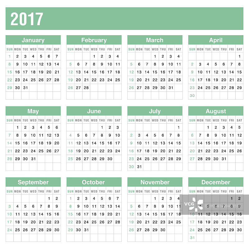 日历2017在绿色的颜色-向量图片素材