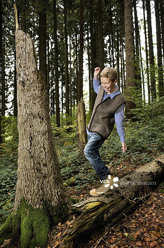 在欧洲德国巴伐利亚的森林里，一个男孩在树干上保持平衡图片素材
