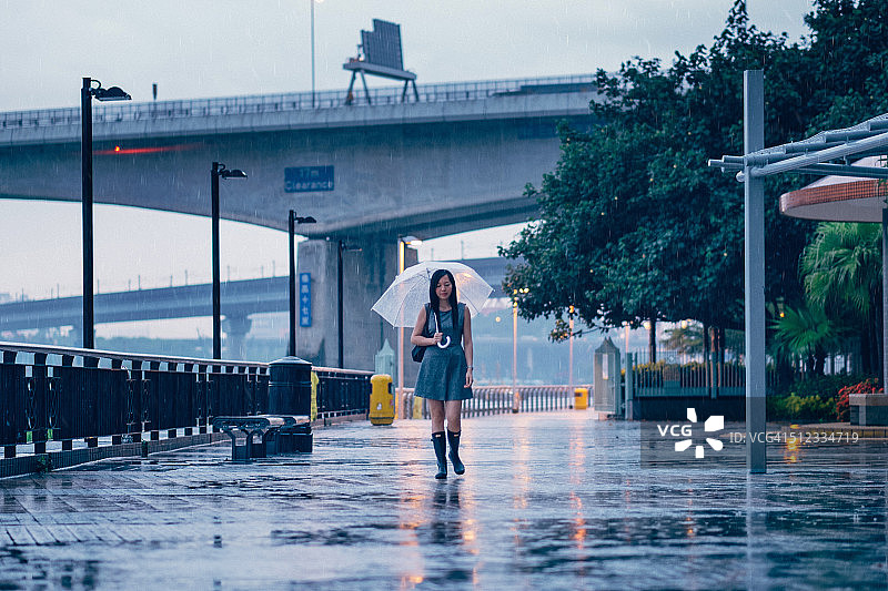 带着雨伞穿过城市街道的女性图片素材