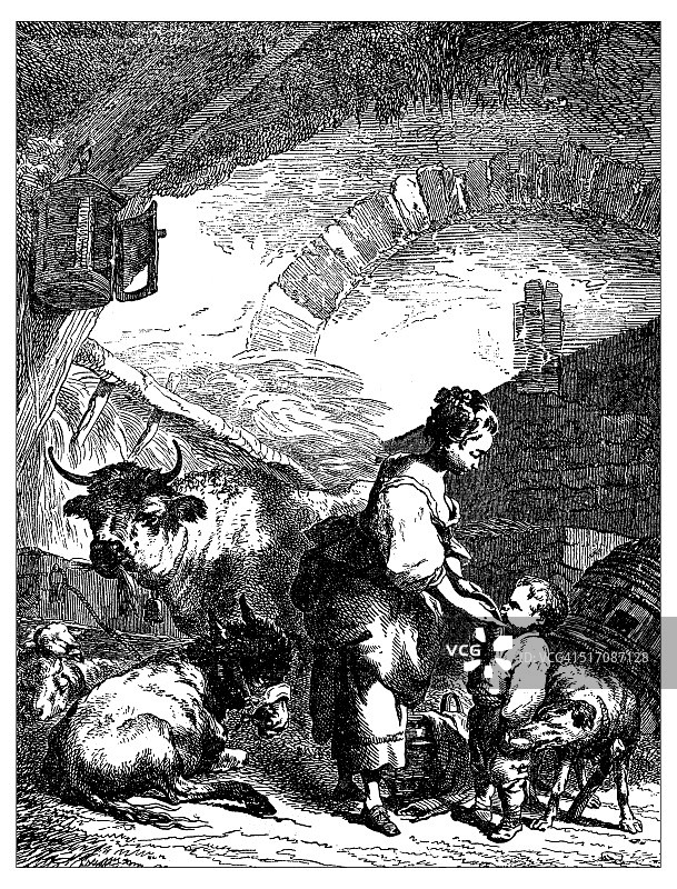 年轻的牧羊女和孩子在马厩的古董插图图片素材