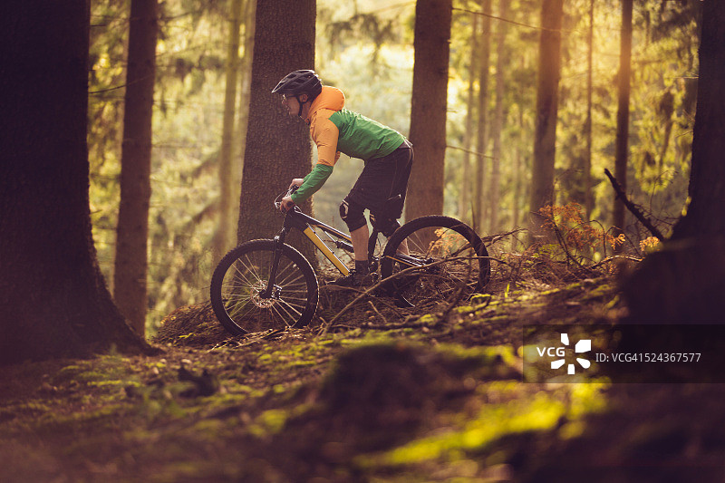在森林小径上骑山地自行车的人图片素材