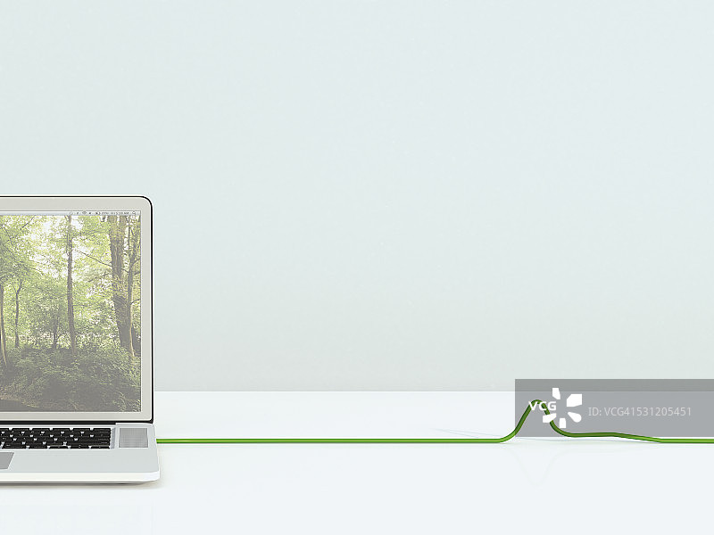 打开笔记本电脑绿色电缆，3D渲染图片素材
