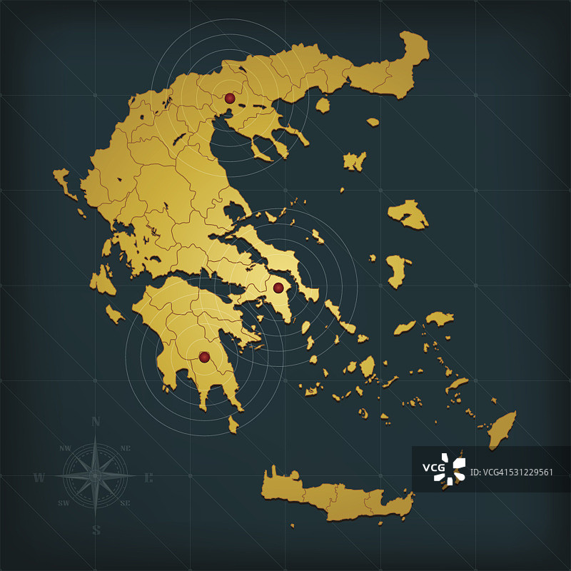 希腊地图在黑色背景与标记图片素材