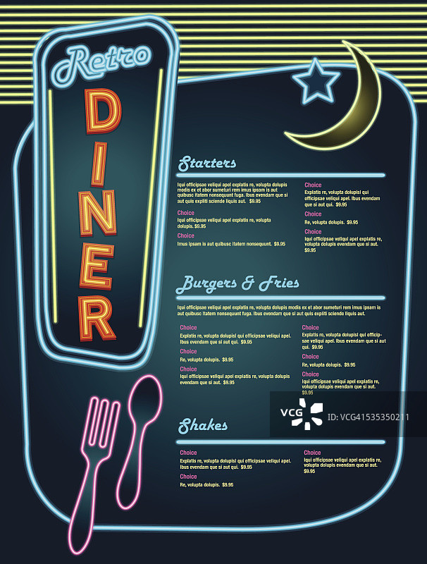 深夜复古50年代餐厅霓虹菜单布局霓虹餐具图片素材