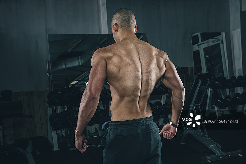 一个年轻男子在健身房的背部肌肉图片素材