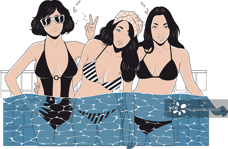 这是三个年轻女人在游泳池里享受暑假的插图图片素材