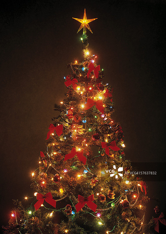 一个装饰和点亮的圣诞树的特写图片素材