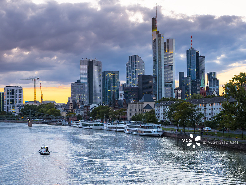 德国，法兰克福，美因河，金融区天际线背景图片素材