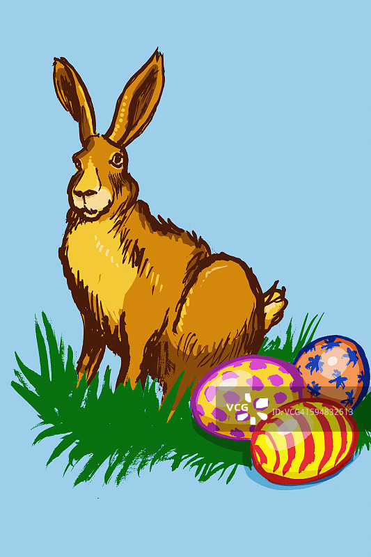复活节兔子和鸡蛋的插图在蓝色的背景图片素材