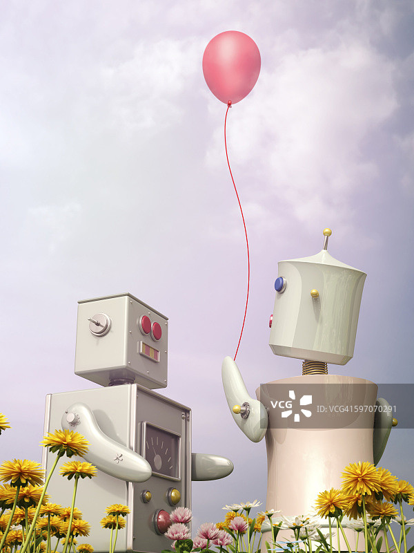 男性和女性机器人与气球站在花草地，3D渲染图片素材