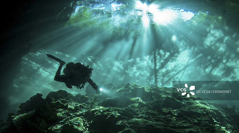 一名潜水员穿过墨西哥Chac Mool天然井的光束。图片素材