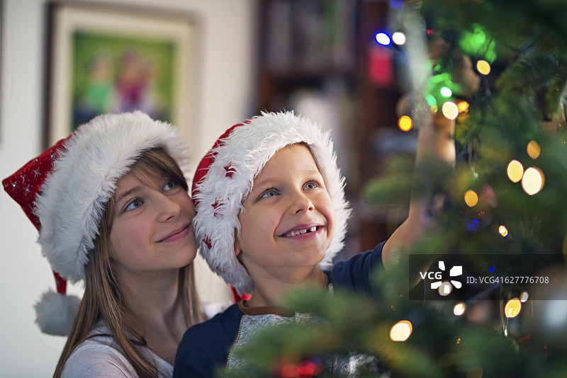 哥哥和妹妹在装饰圣诞树图片素材
