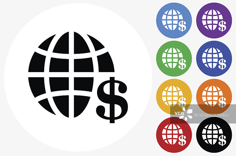 全球美元图标在平面颜色的圆圈按钮图片素材