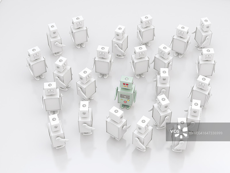 一组白色机器人中间有一个彩色机器人，3D渲染图片素材