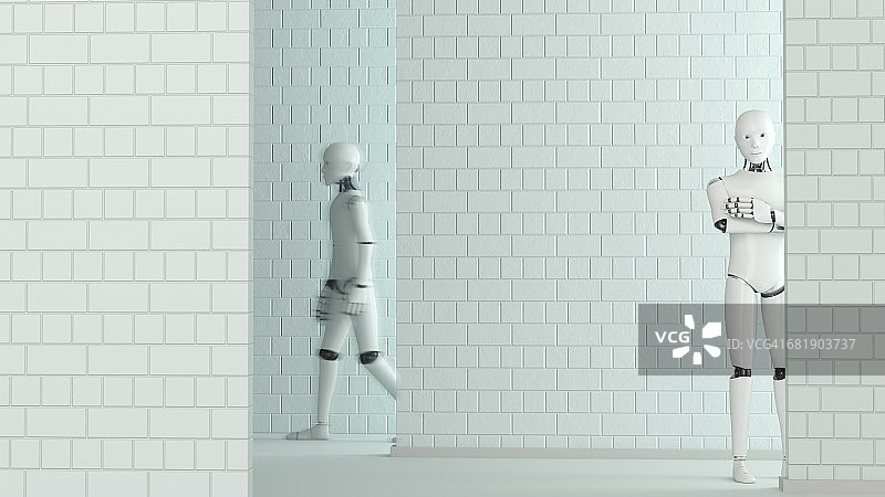行走机器人和站立机器人，3D渲染图片素材