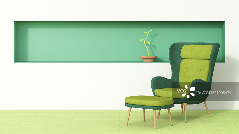 复古风格的扶手椅和凳子，绿色的架子上生长着植物图片素材