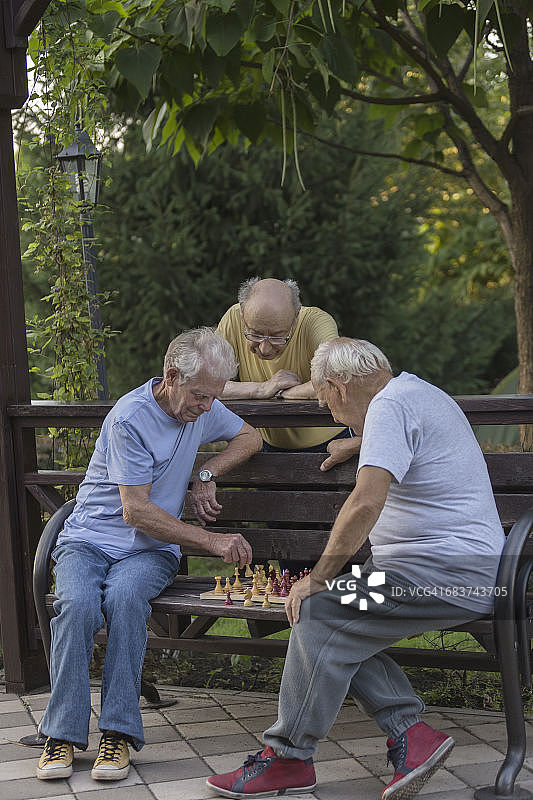 老朋友们靠着树在公园的长凳上下棋图片素材