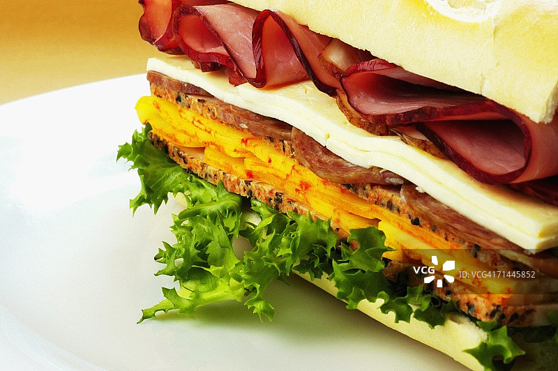 特写烤牛肉和奶酪三明治在一个盘子图片素材