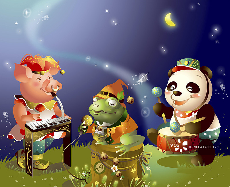 熊猫和一只猪和一只青蛙一起演奏乐器图片素材