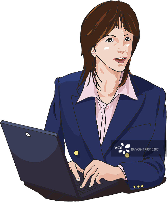 商务女性微笑和使用笔记本电脑，插图图片素材