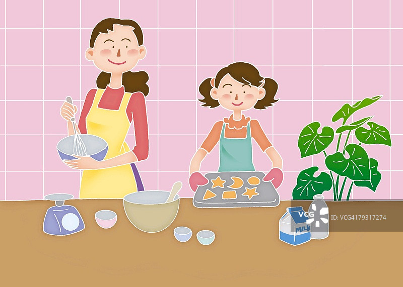 母亲和女儿一起做饭，插画图片素材