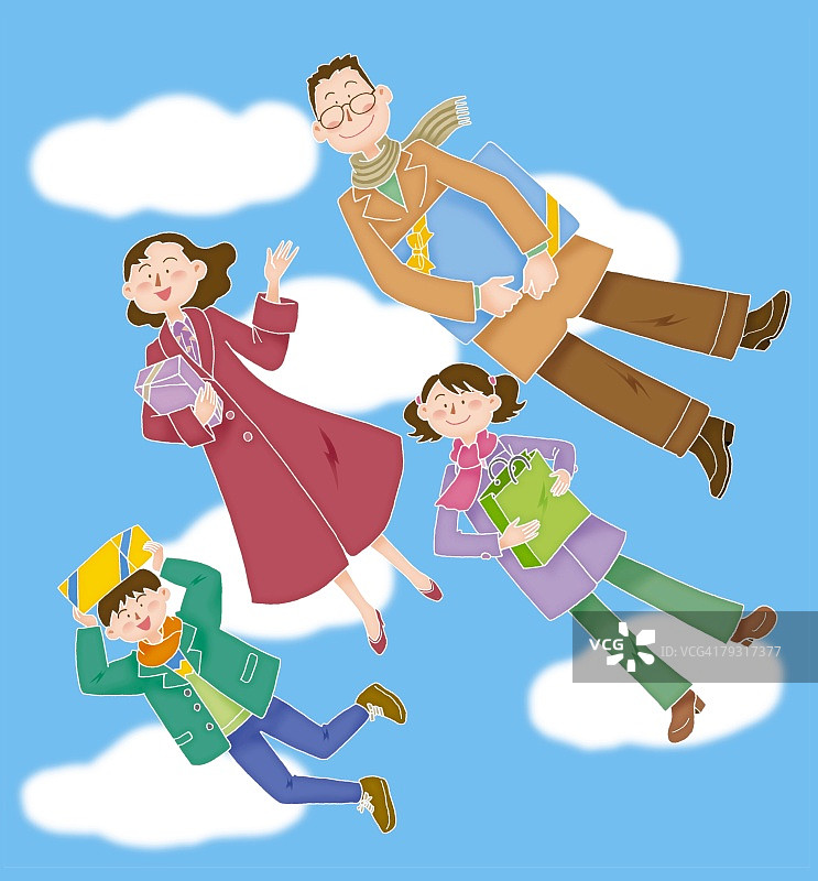 一家人在天空中飞翔，插图图片素材