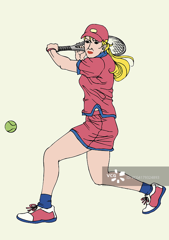 一幅年轻女子打网球的画，插图图片素材