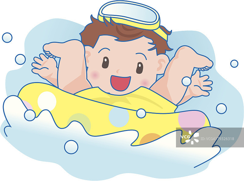 男孩在游泳池里游泳，用充气圈，微笑着图片素材