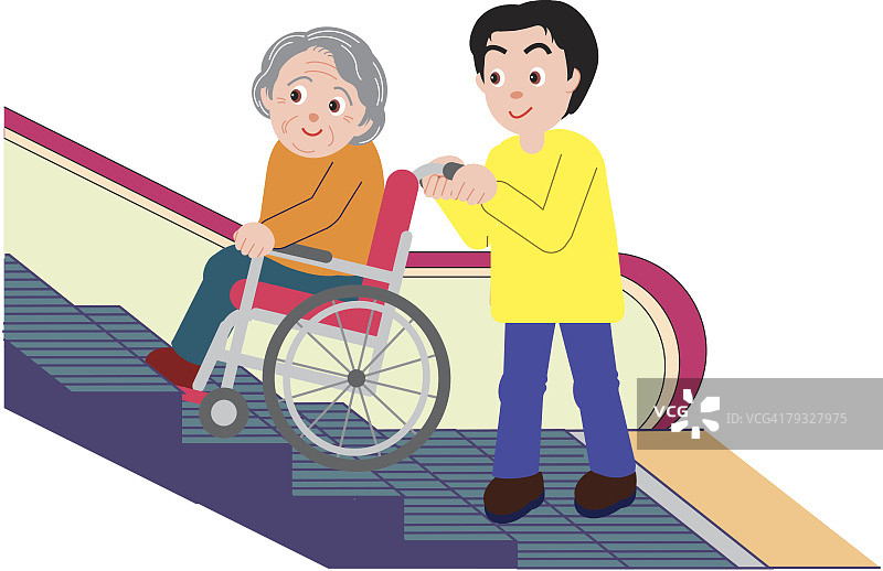 坐轮椅的老妇人在自动扶梯上，被男人推着走图片素材